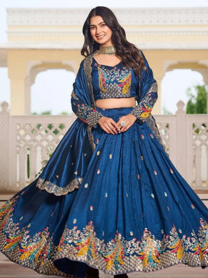 Udbhav Export Embroidered Semi Stitched Lehenga Choli(Blue)