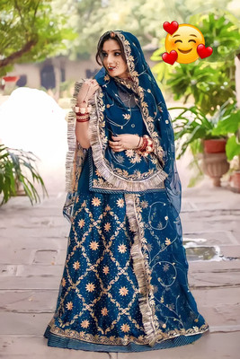 New Pooja Embroidered, Embellished Semi Stitched Rajasthani Poshak(Light Blue)