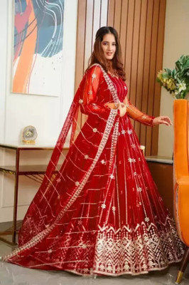 QUEDDY'S Embroidered Semi Stitched Lehenga Choli(Red)