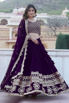 bindudi Embroidered Semi Stitched Lehenga Choli(Purple)