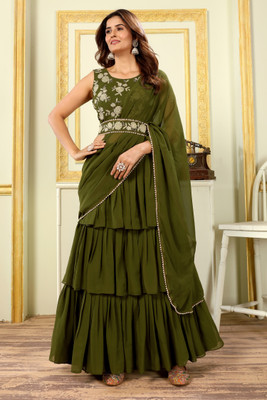 PATLANI STYLE Embroidered, Solid/Plain, Embellished Pre Draped Saree Georgette Saree(Green)