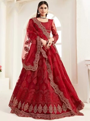 Yozzby Embroidered, Embellished Semi Stitched Lehenga Choli(Red)