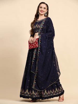 FAB WINDOW Embroidered Semi Stitched Lehenga Choli(Blue)