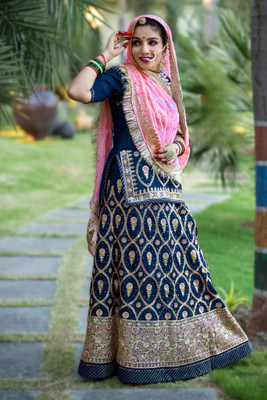 Anjani Textile Embroidered Semi Stitched Rajasthani Poshak(Blue, Pink)