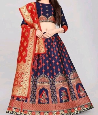 GRANTH MANIAFAB Self Design Semi Stitched Lehenga Choli(Dark Blue, Red)