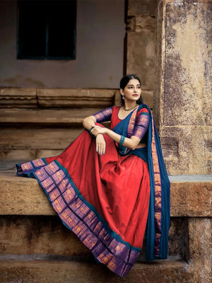 HOUSE OF COMMON Embroidered Semi Stitched Lehenga Choli(Red, Blue)
