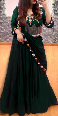 Anjani Textile Embroidered Semi Stitched Lehenga & Crop Top(Green)