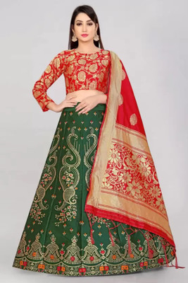 Tishta Floral Print Semi Stitched Lehenga Choli(Dark Green)