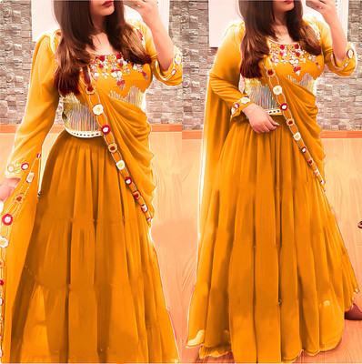 kamaldesigner Embroidered Semi Stitched Lehenga & Crop Top(Yellow)