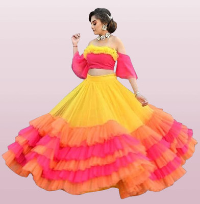 Omstar Fashion Self Design Semi Stitched Lehenga Choli(Yellow, Pink, Orange)