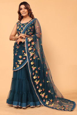 DWINIZAA STORE Embroidered Bollywood Net Saree(Blue)