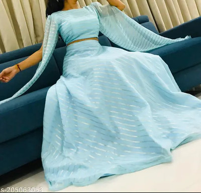 QUEDDY'S Self Design Semi Stitched Lehenga & Crop Top(Blue)