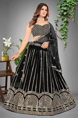 QUEDDY'S Solid, Embroidered, Self Design Semi Stitched Lehenga Choli(Black)