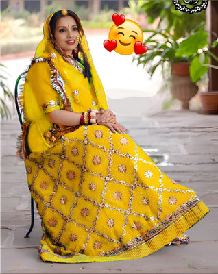 Anjani Textile Embroidered, Embellished Semi Stitched Rajasthani Poshak(Yellow)