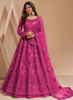 Cute Fellow Embroidered Semi Stitched Lehenga Choli(Pink)
