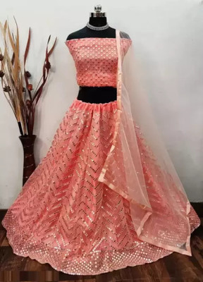 QUEDDY'S Embellished Semi Stitched Lehenga Choli(Orange)