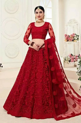 QUEDDY'S Embroidered Semi Stitched Lehenga Choli(Red)