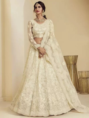Yozzby Embroidered Semi Stitched Lehenga Choli(White)