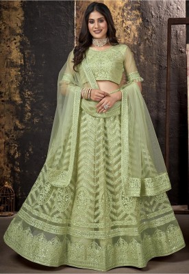 Cute Fellow Embroidered Semi Stitched Lehenga Choli(Light Green)