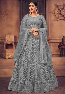 HOUSE OF COMMON Embroidered Semi Stitched Lehenga Choli(Grey)