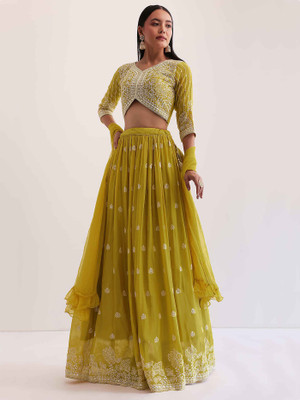 Trijal Fab Embroidered Semi Stitched Lehenga Choli(Yellow)