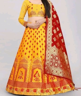 GRANTH MANIAFAB Self Design Semi Stitched Lehenga Choli(Yellow, Red)