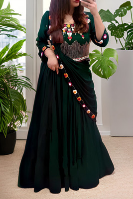 Hemlata Embroidered Semi Stitched Lehenga & Crop Top(Green)