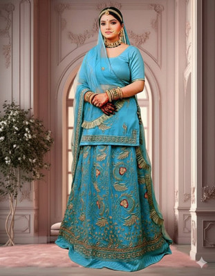 Bhawani Collection Embroidered Semi Stitched Rajasthani Poshak(Light Blue)