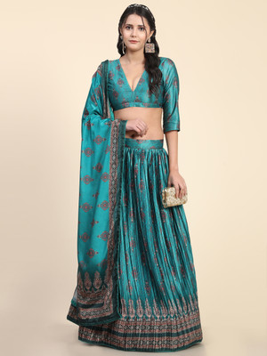 Neel Art Digital Print Semi Stitched Lehenga Choli(Light Blue)