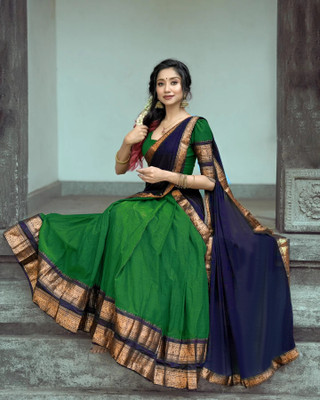 HOUSE OF COMMON Solid Semi Stitched Lehenga Choli(Green, Dark Blue)