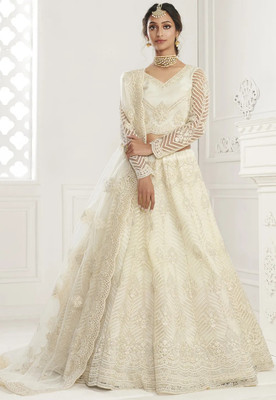 QUEDDY'S Embroidered Semi Stitched Lehenga Choli(White)
