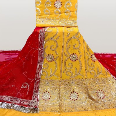 New Pooja Embroidered, Embellished, Self Design Semi Stitched Rajasthani Poshak(Yellow, Red)