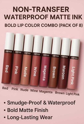 onfroi Non-Transfer Waterproof Matte Ink Liquid Lipstick Combo Pack of 8(Red, Pink, Nude, Wine, Magenta, Brown, Maroon, Light Pink, 24 ml)