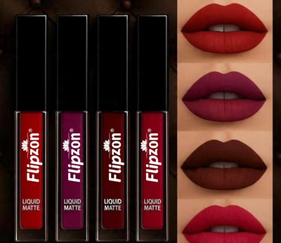 FLIPZON WaterProof Liquid Matte Lipstick Combo Pack of 4 red edition(Pink, wineberry, roses, Hazelnut,, 6 ml)