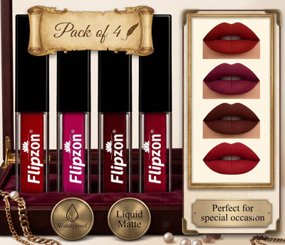 FLIPZON WaterProof Liquid Matte Lipstick Combo Pack of 4 red edition(Pink, wineberry, roses, Hazelnut,, 6 ml)