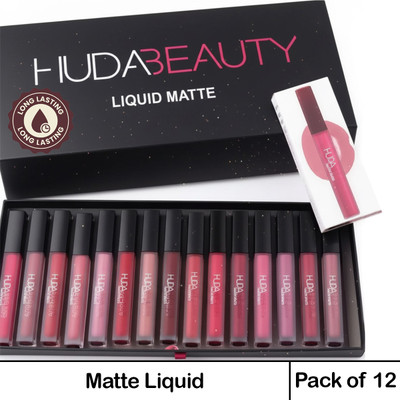 NattyU Huda Vibrant Velvet Matte Liquid Lip Color Set of 12 #HB2356(A perfect fusion of vibrant, smooth, and classic nude shades, 59 ml)