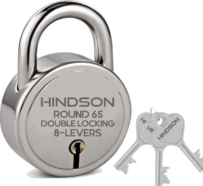 HINDSON Round 65mm Double Locking, 8 Levers with 3 Iron Key Lock , Pack of 1 Padlock(Silver)