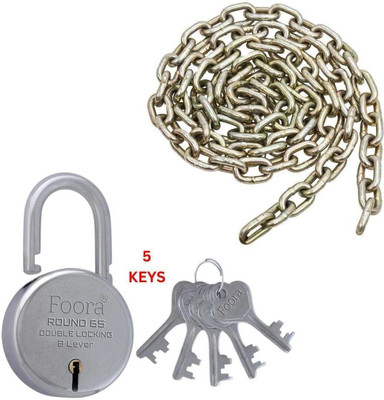 Foora Round 65 with 5 Keys and Chain , Double Locking, 7 Lever Lock Padlock(Silver)