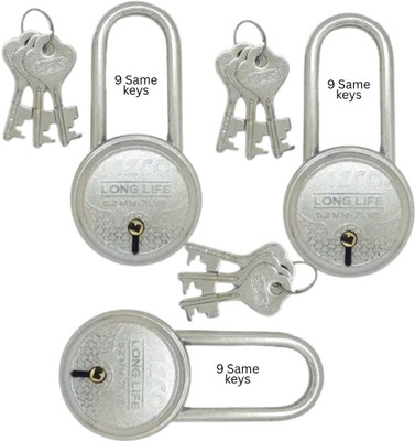 onepro One pro Round 50mm 3 Padlock With 9 Same Keys Long Shackle Double Locking 7Lever Padlock(Silver)