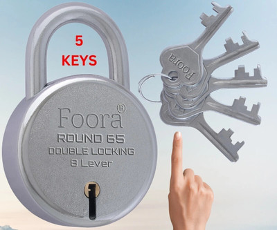 Foora Pad Lock Round 65mm with 5 Keys, 8 Lever Double Locking Technology Padlock(Silver)