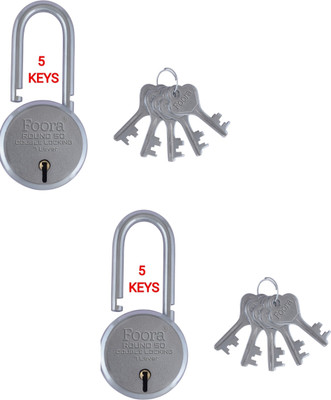 Foora Round 50 LS with 5 Keys, Extra Long Shackle, Double Locking, 7 Lever ( PK-2 ) Padlock(Silver)