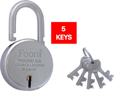Foora Round 65 with 5 Keys, Double Locking, 8 Lever Multipurpose use - Size 65 mm Padlock(Silver)