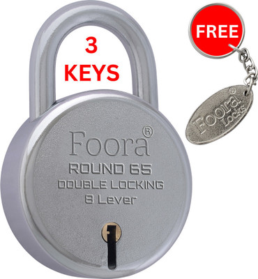 Foora Round 65mm padlock and 1 key chain Double locking Apartment hostel (with 3 Keys) Padlock(Silver)