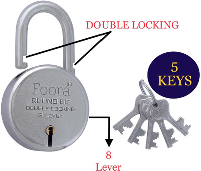 Foora N Round 65 with 5 Keys, Long Shackle, Double Locking, 8 Lever- Size 65 mm Padlock(Silver)