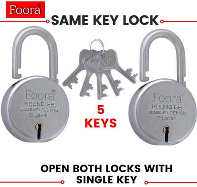 Foora Round 65mm Same Key Lock Set - 2 Locks with 5 Keys for Home Security Padlock(Silver)