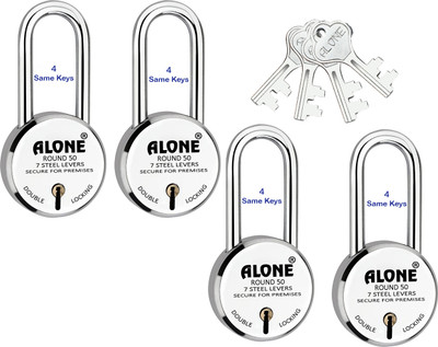 alone Round 50mm Long Neck 4 Same Keys 4 Padlocks for home door gate shutter shop Padlock(S.S, Chrome)