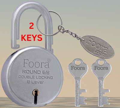 Foora Pad Lock Round 65mm with 2 Keys, 1 Key Chain 8 Lever Double Locking Technology Padlock(Silver)