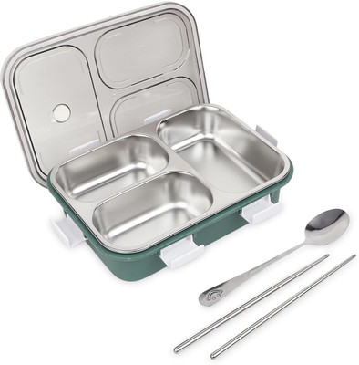 RBGIIT Stainless Steel 3 Compartment Lunch Box with Chopstick, Spoon & Lid K06 1 Containers Lunch Box(350 ml)