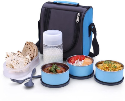 Lunch Box Soft Insulated (3 SS Container,2 Spoon,1 bottle,1 Oval Container),Blue 3 Containers Lunch Box(300 ml)