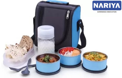 nariya STAINLESS STEEL CONTAINER TIFFIN IN BLUE COLOR LEAK-PROOF LUNCHBOX WITH BOTTLE 3 Containers Lunch Box(1050 ml)